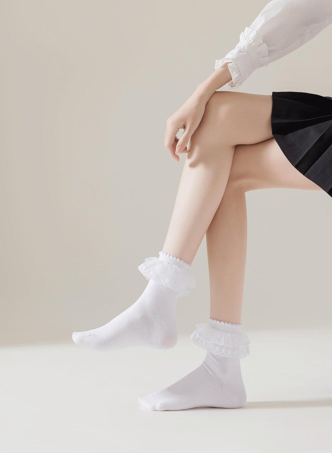 AMHRLINGTO Lace Ruffle Frilly Ankle Socks for Women - Cotton Socks Stylish Cute Lace Socks (Cotton, White-3 Pairs) - Image 5